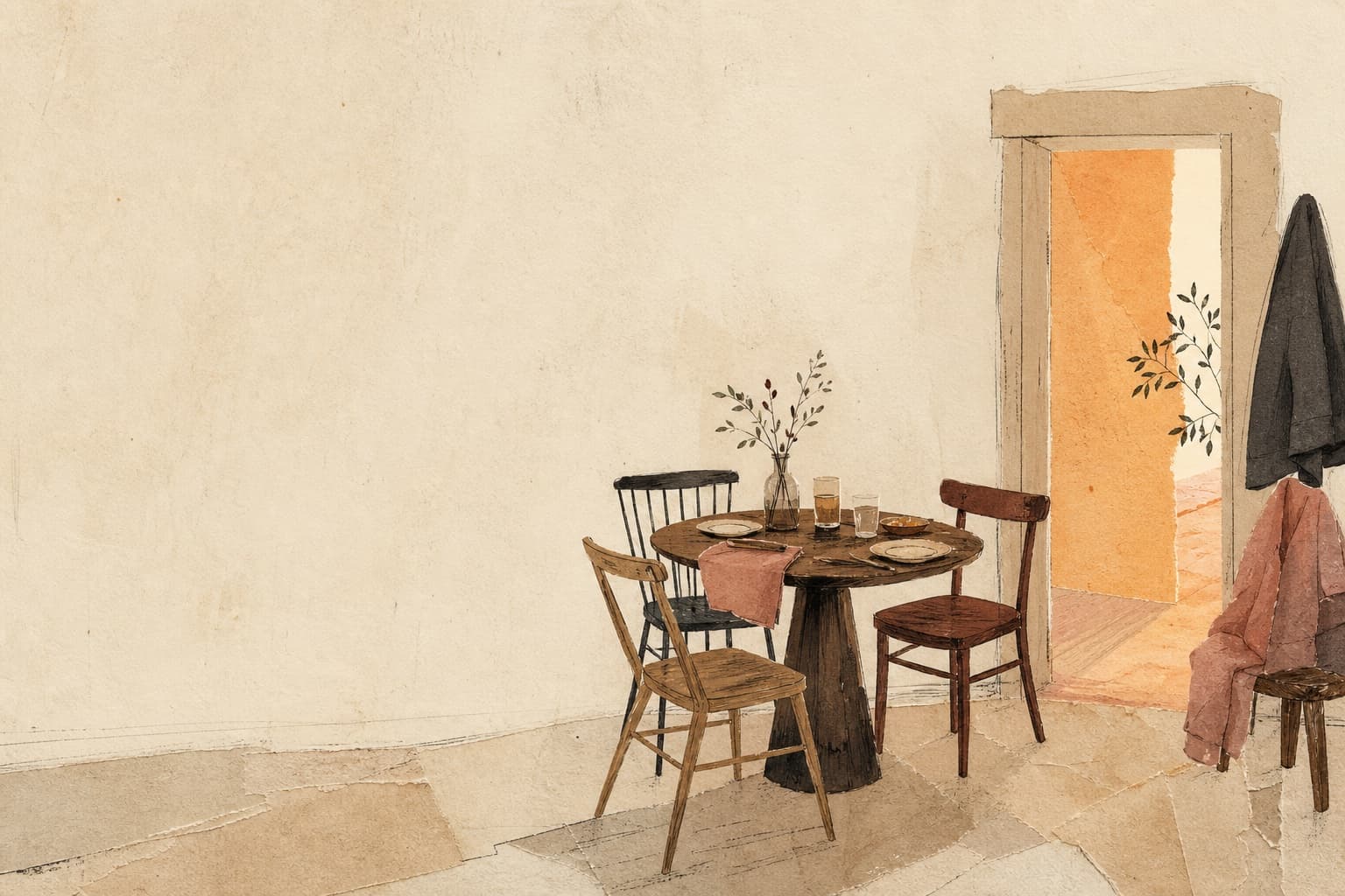 An editorial illustration of a table and chairs waiting beside a warm doorway